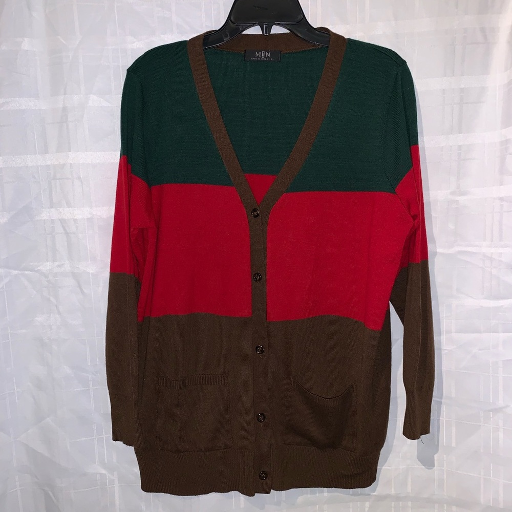 Green, red, brown cardigan